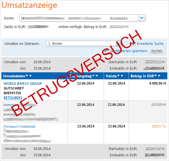 Phishing Warnungen Ansicht gefälschte Umsatzanzeige